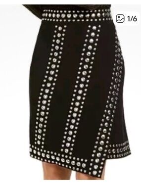 INC black studded stretch skirt knee length asymmetrical